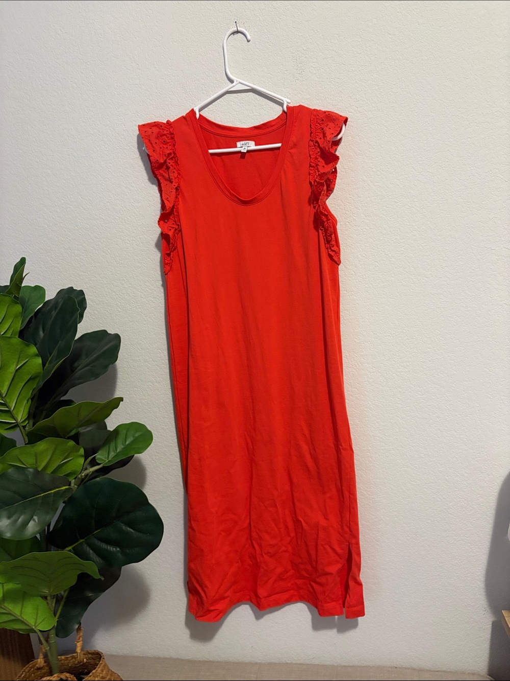 Vibrant coral Ruffle-Sleeve 100% Cotton Shift midi Dress M